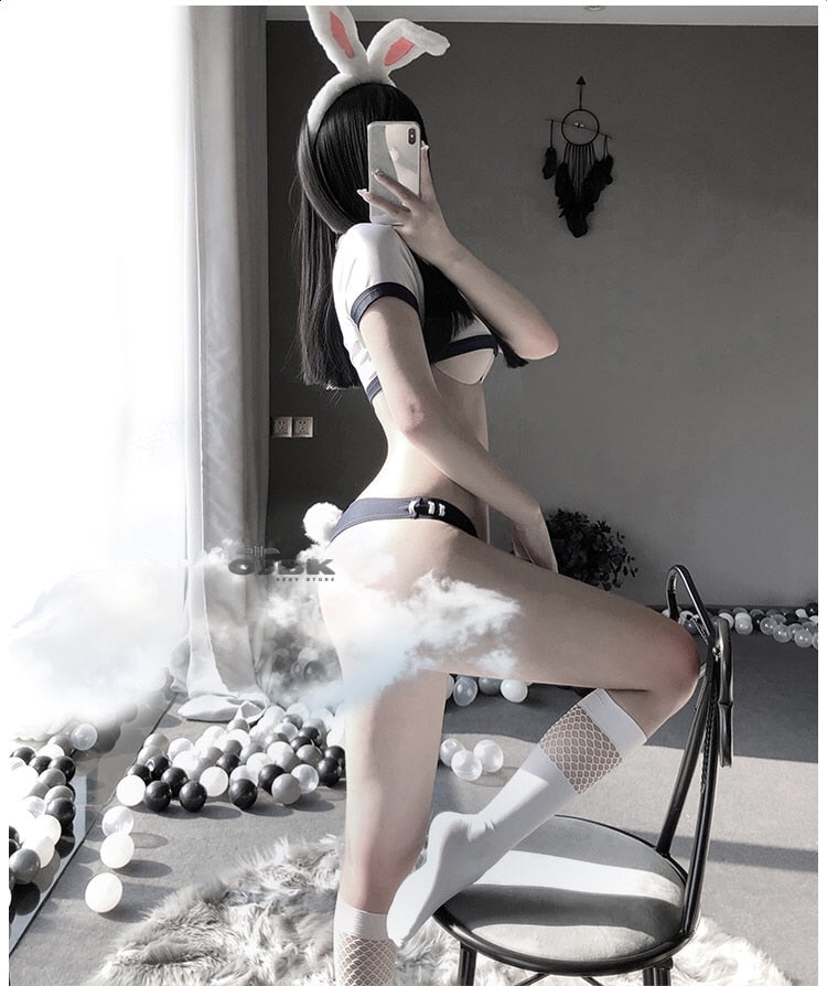 OJBK Sexy Heart Hollow Open Chest Erotic Lingerie Japanese Sweet Student Role Play Costume Rabbit Tail School Girl Uniform