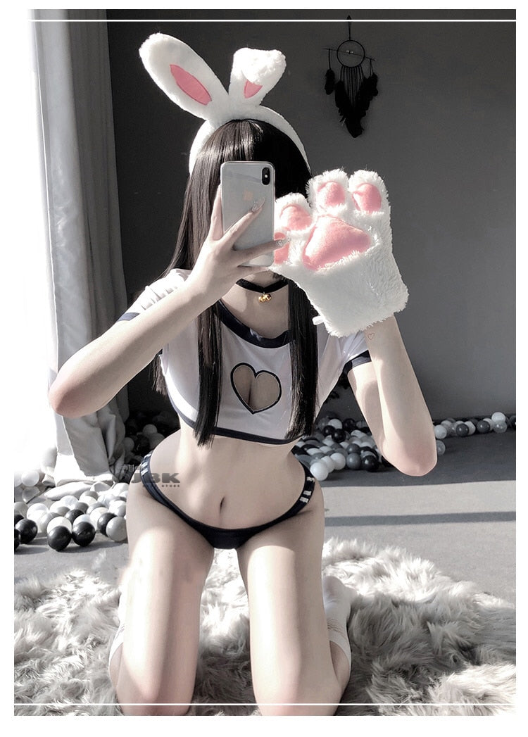 OJBK Sexy Heart Hollow Open Chest Erotic Lingerie Japanese Sweet Student Role Play Costume Rabbit Tail School Girl Uniform