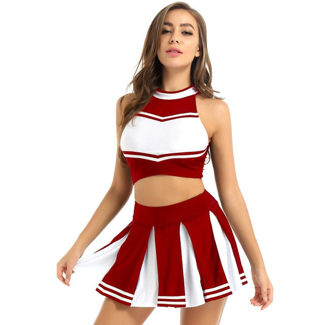 Women Cheerleader Cosplay Costume Uniform Outfit Stand Collar Crop Top with Mini Pleated Skirts Carnival Cheerleading Suit