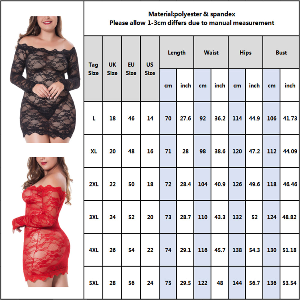 Plus Size Sexy Pajamas Off-Shoulder Women Hot Lace Underwear Female Long Sleeve Solid Exotic See Through Nightdress