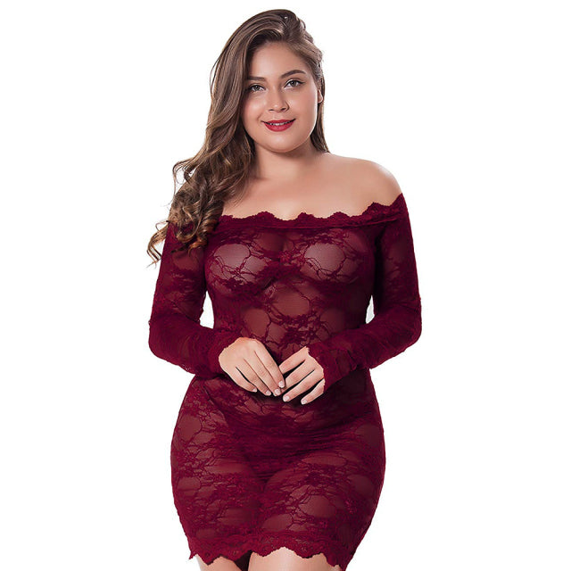 Plus Size Sexy Pajamas Off-Shoulder Women Hot Lace Underwear Female Long Sleeve Solid Exotic See Through Nightdress