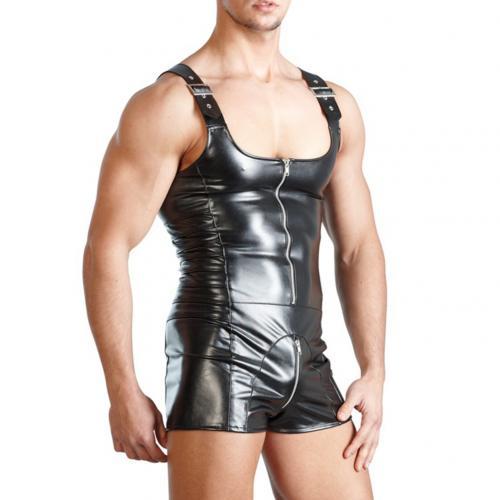 Sexy Men Underwear Sleeveless Open Crotch Faux Leather Zipper Bodysuit Shorts Jumpsuit Shapers