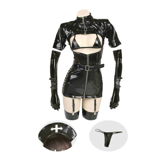 Sexy Dark Reign Nurse Cosplay Costume Leather Dress Leotard Elastic Clack Hot Anime Cosplay Full Set