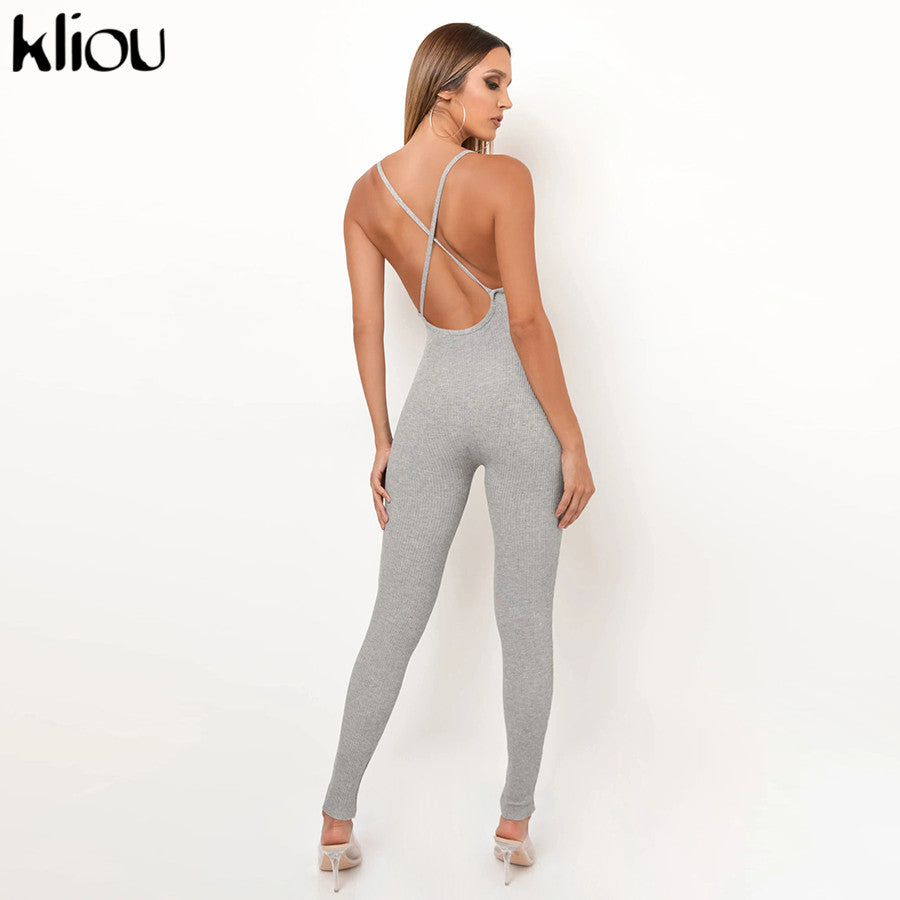 Kliou v-neck skinny sexy jumpsuit women summer hollow out partywear halter sleeveless streetwear outfit fitness backless