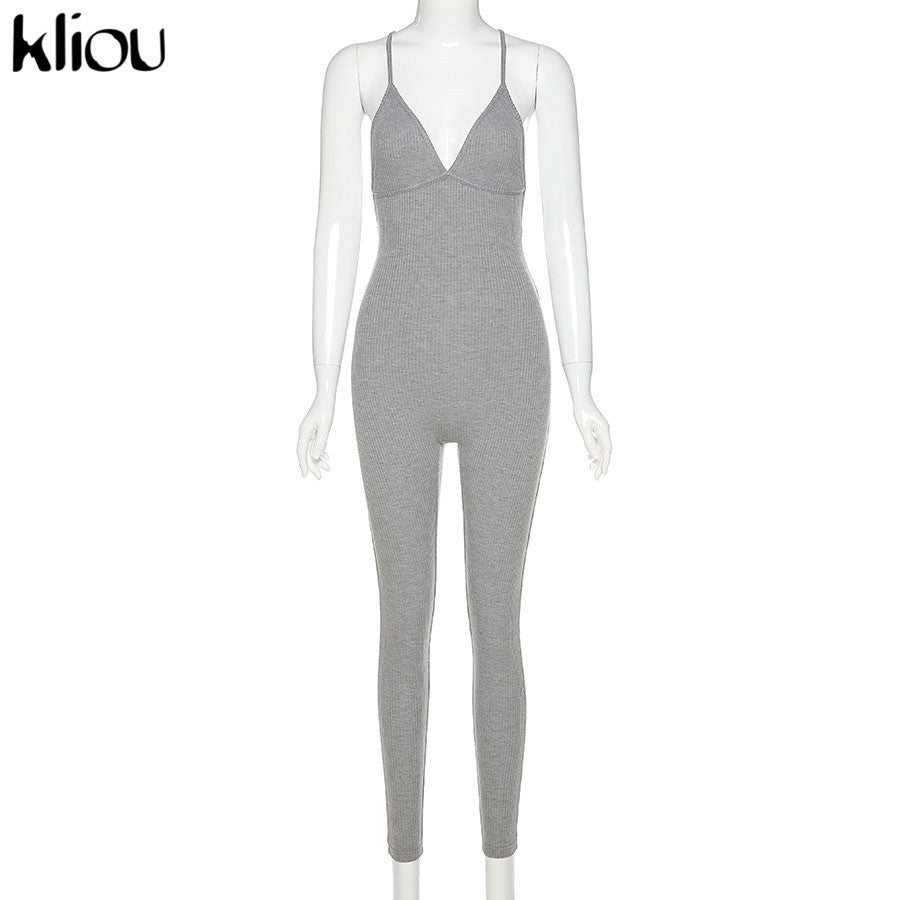 Kliou v-neck skinny sexy jumpsuit women summer hollow out partywear halter sleeveless streetwear outfit fitness backless