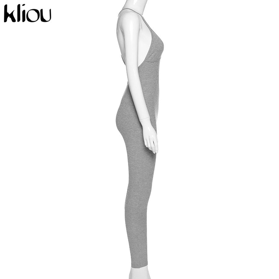 Kliou v-neck skinny sexy jumpsuit women summer hollow out partywear halter sleeveless streetwear outfit fitness backless