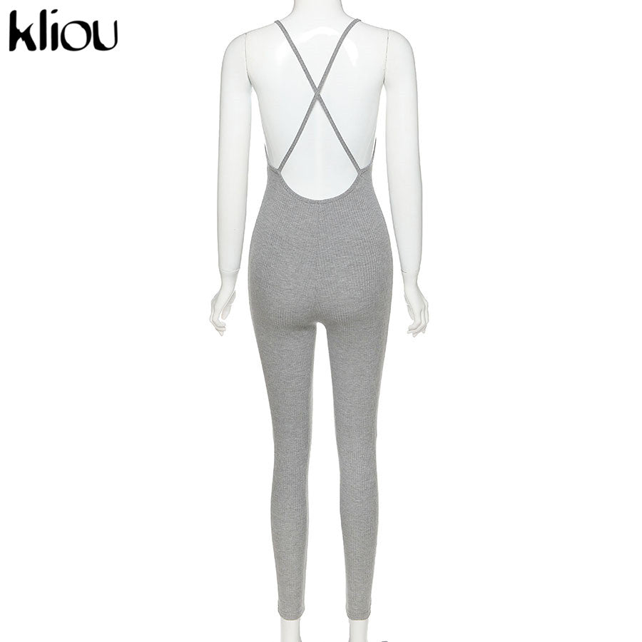 Kliou v-neck skinny sexy jumpsuit women summer hollow out partywear halter sleeveless streetwear outfit fitness backless