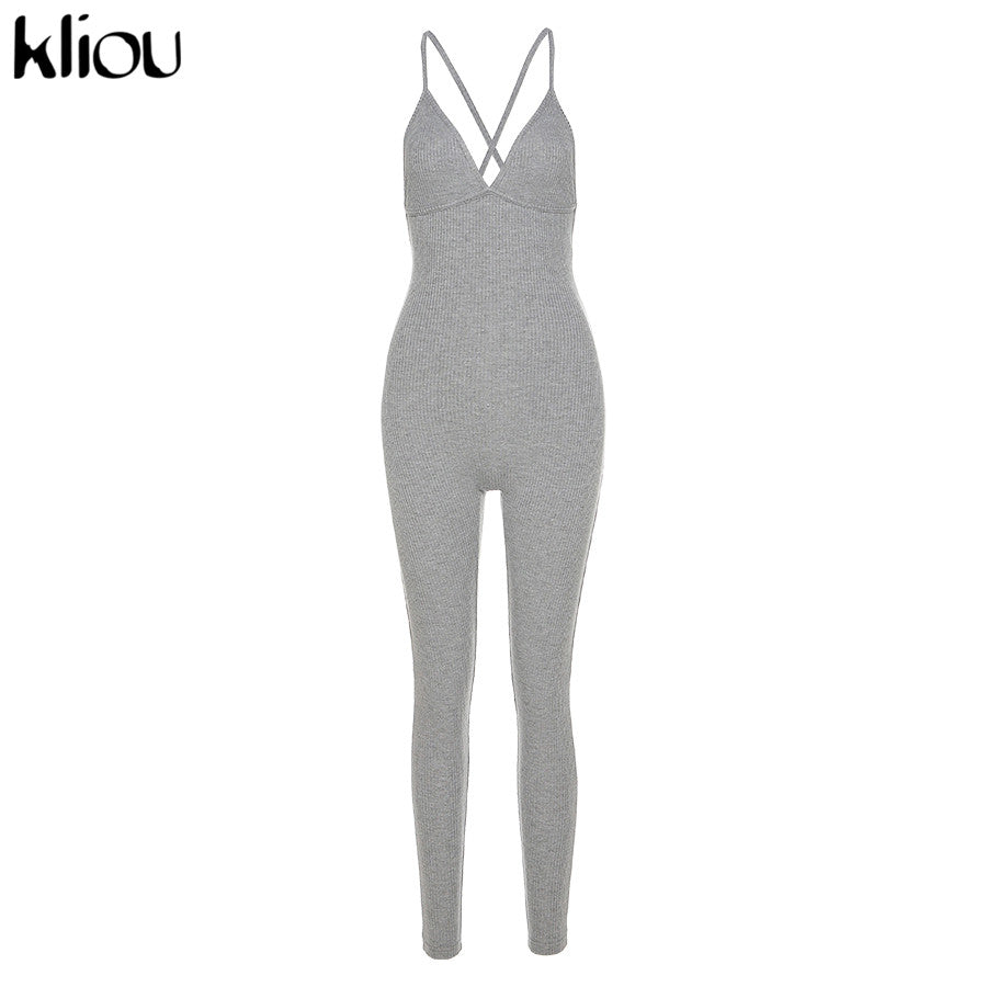Kliou v-neck skinny sexy jumpsuit women summer hollow out partywear halter sleeveless streetwear outfit fitness backless