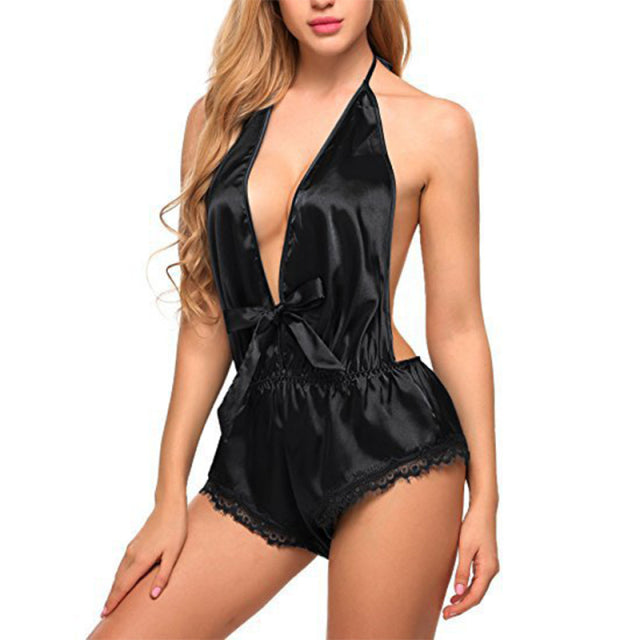 Sexy lingerieLace Satin Lingerie Smooth Silk-like Nightwear Sleepwear Set Nighties for Women Night Dress Wear Deep V-Neck
