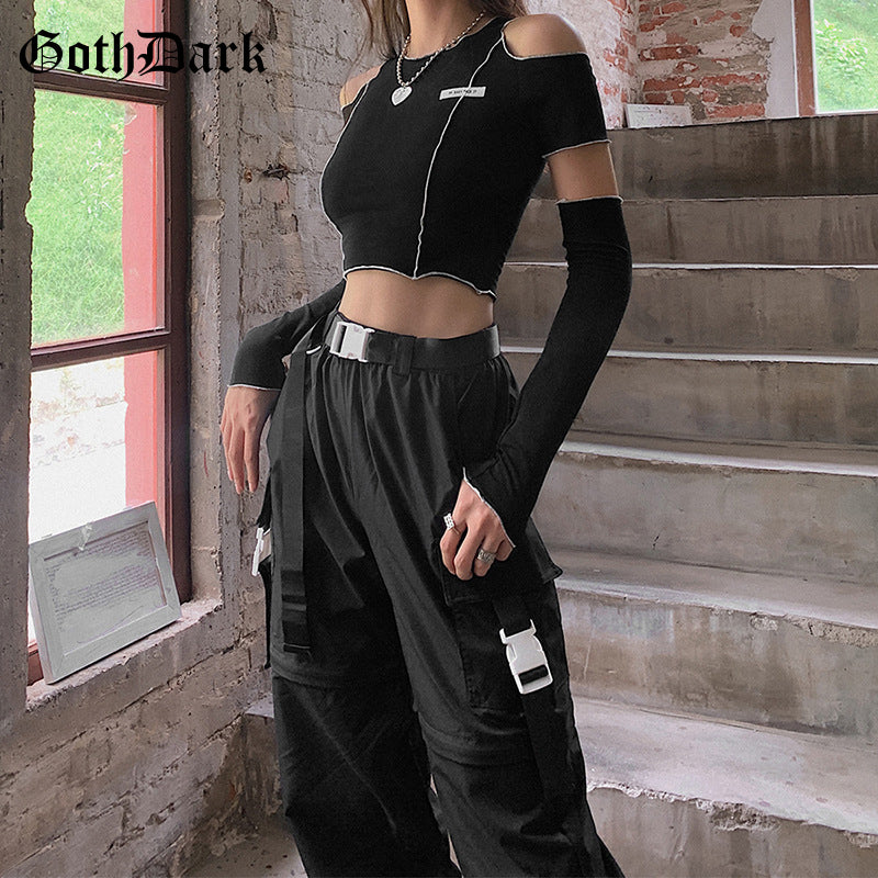 Goth Dark E-girl Style Patchwork Black T-shirts Gothic Open Shoulder Sleeve Y2k Crop Tops Ruffles Hem Hip Hop Techwear Women Tee
