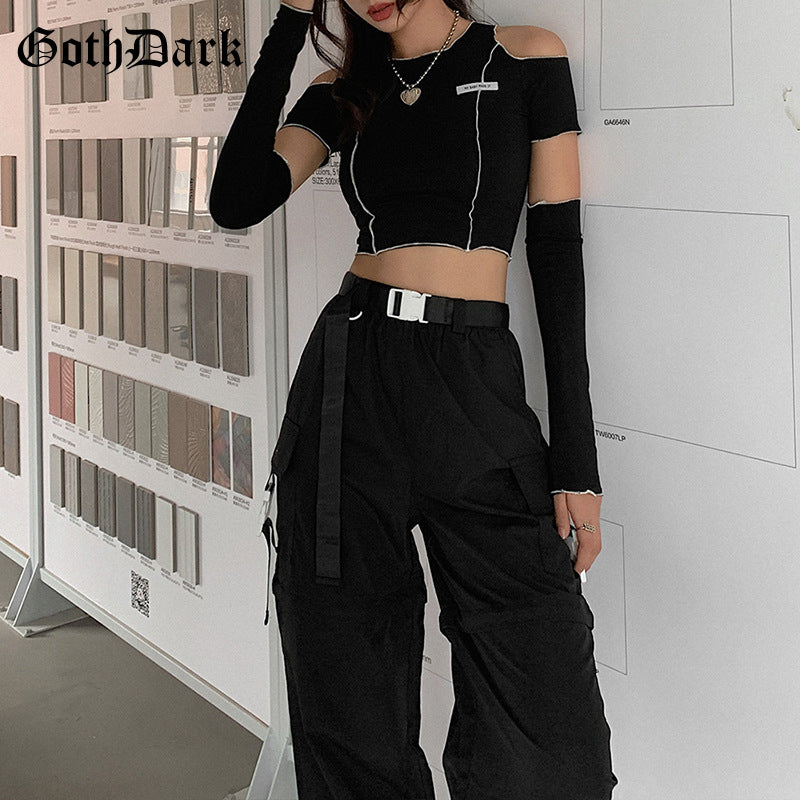 Goth Dark E-girl Style Patchwork Black T-shirts Gothic Open Shoulder Sleeve Y2k Crop Tops Ruffles Hem Hip Hop Techwear Women Tee