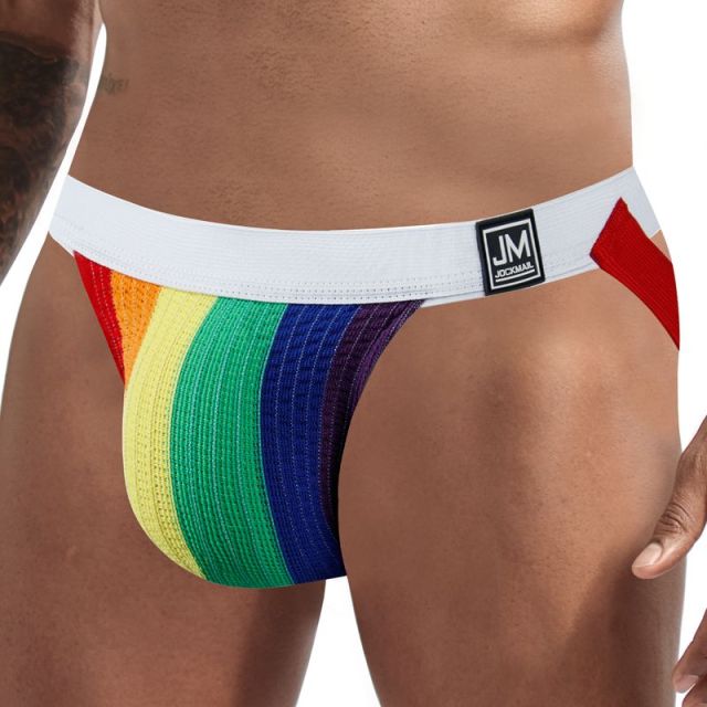 JOCKMAIL Sexy Gay Underwear Men Jockstrap String Homme Tanga Cockring Cuecas Masculinas Rainbow Low Waist Mesh Breathable Briefs