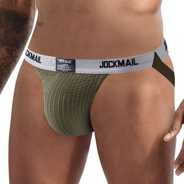 JOCKMAIL Sexy Gay Underwear Men Jockstrap String Homme Tanga Cockring Cuecas Masculinas Rainbow Low Waist Mesh Breathable Briefs
