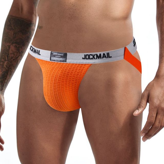 JOCKMAIL Sexy Gay Underwear Men Jockstrap String Homme Tanga Cockring Cuecas Masculinas Rainbow Low Waist Mesh Breathable Briefs