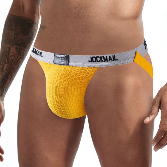 JOCKMAIL Sexy Gay Underwear Men Jockstrap String Homme Tanga Cockring Cuecas Masculinas Rainbow Low Waist Mesh Breathable Briefs