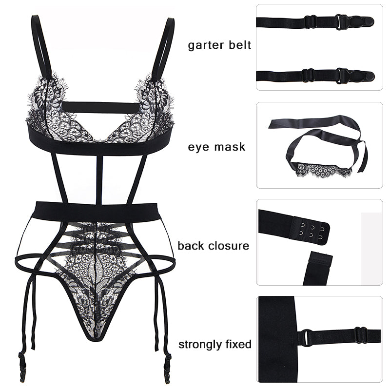 Sexy Hot Women Hollow Out Erotic Body Lingerie With Eye Mask See Though Lace Body Suit Black Red Plus Size Sexy Teddy