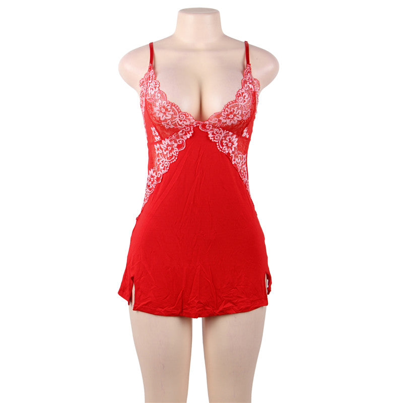 Night Sexy Dress Women Pajama Floral Lace Sleepwear V Neck Above Knee Plus Size Nightdress M 3XL 5XL Black Red Sexy Nightgowns