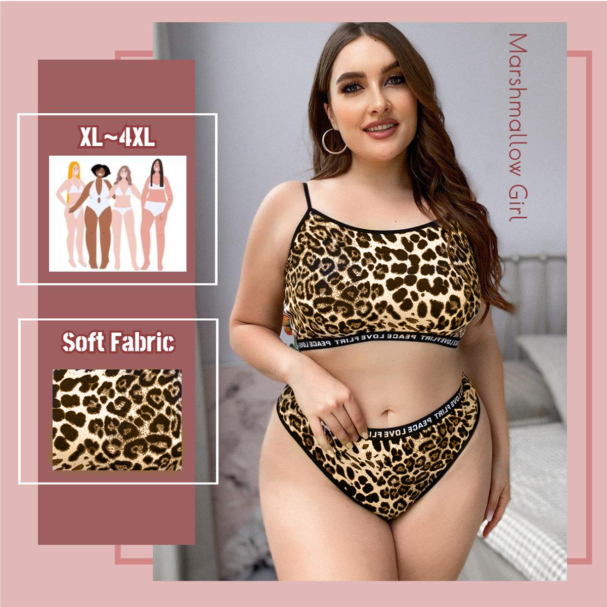 Plus Size Leopard Lingerier Set Women Cami Top Wireless Bra Panty Wholesale Homewear