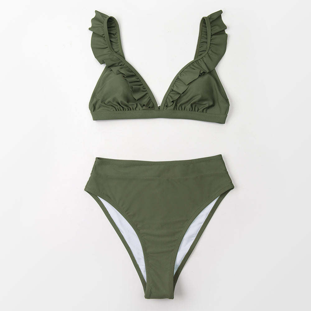CUPSHE V-neck Ruffled High-waist Bikini Sets Swimsuit Women Sexy Solid Brown Two Pieces Swimwear New Beach Bathing Suits
