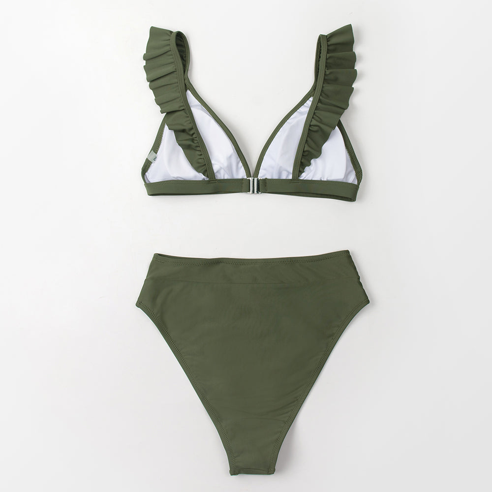 CUPSHE V-neck Ruffled High-waist Bikini Sets Swimsuit Women Sexy Solid Brown Two Pieces Swimwear New Beach Bathing Suits
