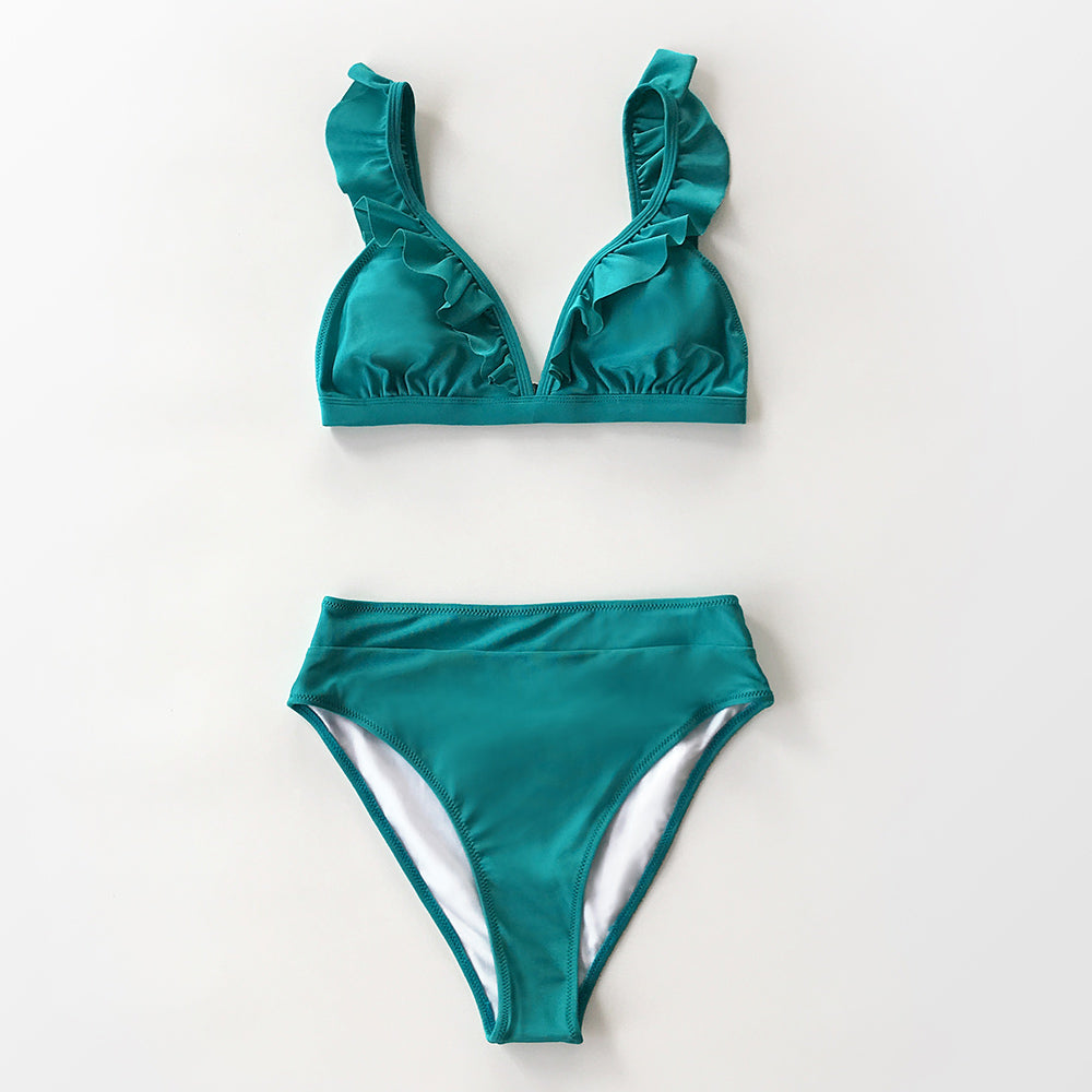 CUPSHE V-neck Ruffled High-waist Bikini Sets Swimsuit Women Sexy Solid Brown Two Pieces Swimwear New Beach Bathing Suits