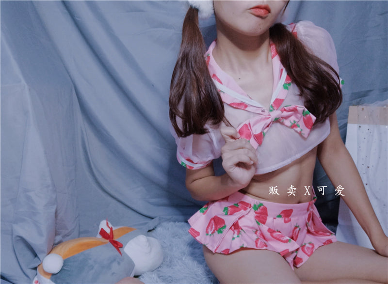 Japanese Strawberry Transparent Bra Panty Underwear Sleepwear Sexy Lolita Girl Lingerie Set Sailor Uniform School Girl Costume