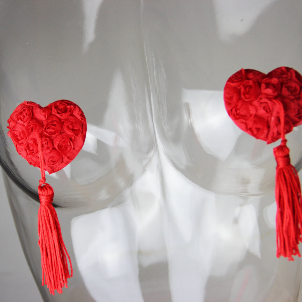 Candiway Sexy Rose Heart-Shaped Reusable Self-Adhesive Nipple Sticker With Tassel Cover Breast Sex Toys For Women