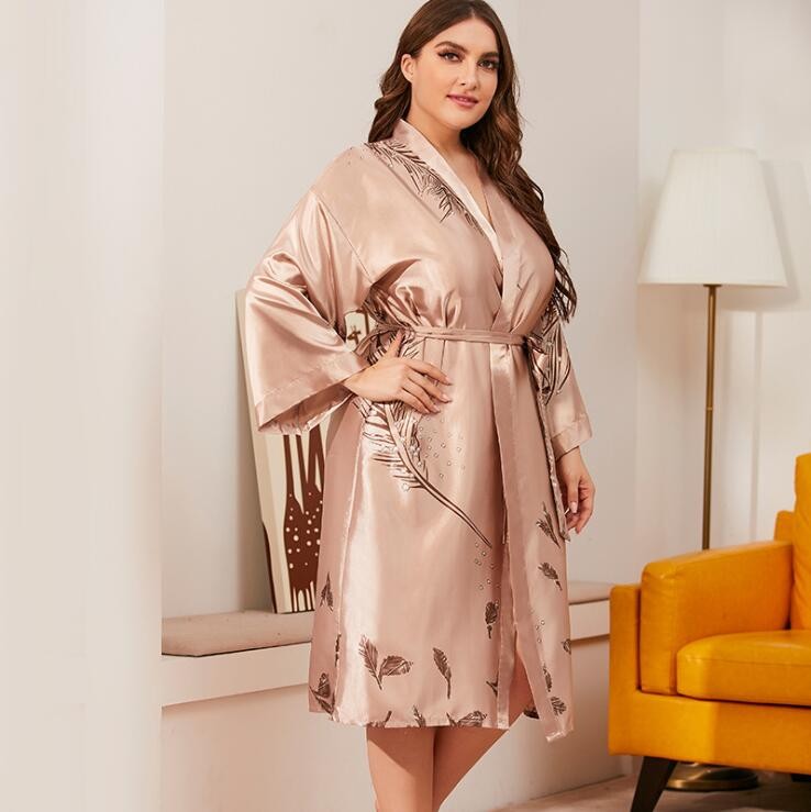 Burgundy Women Full Sleeve Summer Kimono Robe Bathrobe Satin Print Leaf Nightdress Plus Size XL-3XL Loose Home Dress Sleepwear