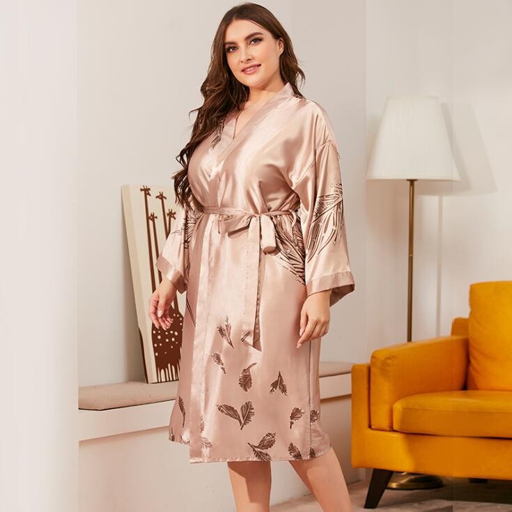 Burgundy Women Full Sleeve Summer Kimono Robe Bathrobe Satin Print Leaf Nightdress Plus Size XL-3XL Loose Home Dress Sleepwear