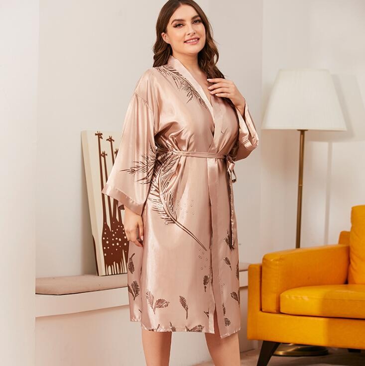Burgundy Women Full Sleeve Summer Kimono Robe Bathrobe Satin Print Leaf Nightdress Plus Size XL-3XL Loose Home Dress Sleepwear