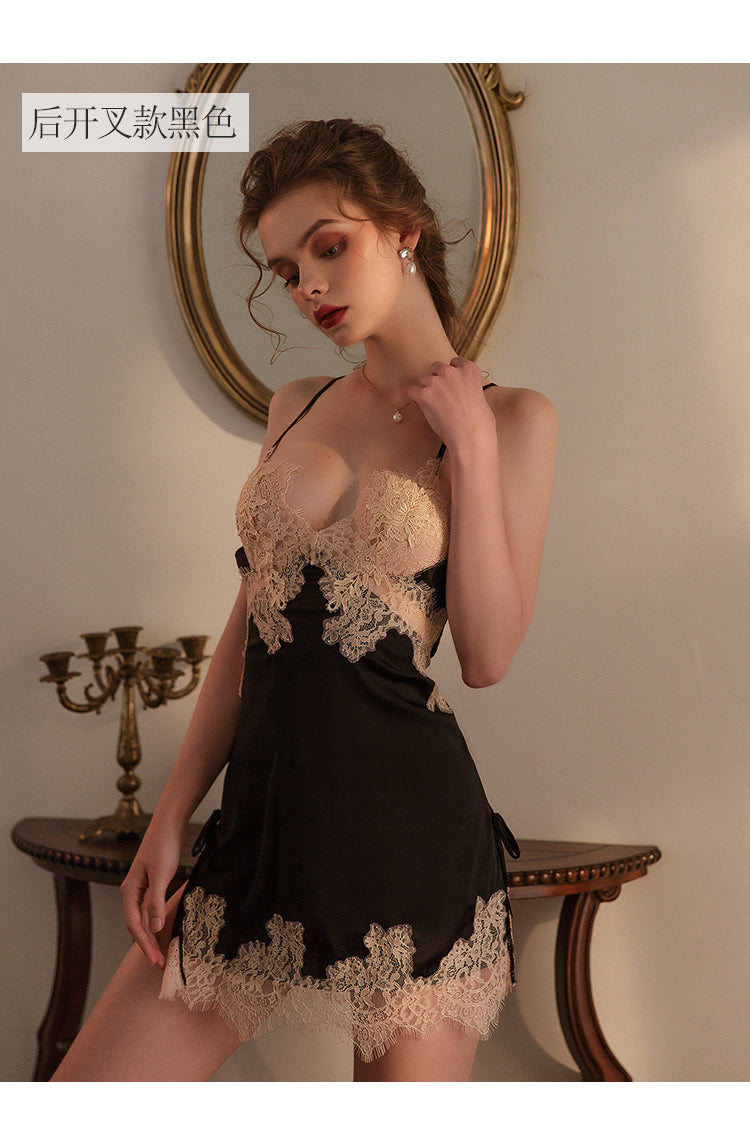 Beauty Back Silk Nightgown Sling Lace Embroidery V-Neck Nightdress Women Sleepwear Sexy Lingerie Nightwear Backless Strap Dress