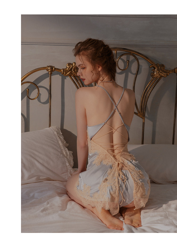 Beauty Back Silk Nightgown Sling Lace Embroidery V-Neck Nightdress Women Sleepwear Sexy Lingerie Nightwear Backless Strap Dress