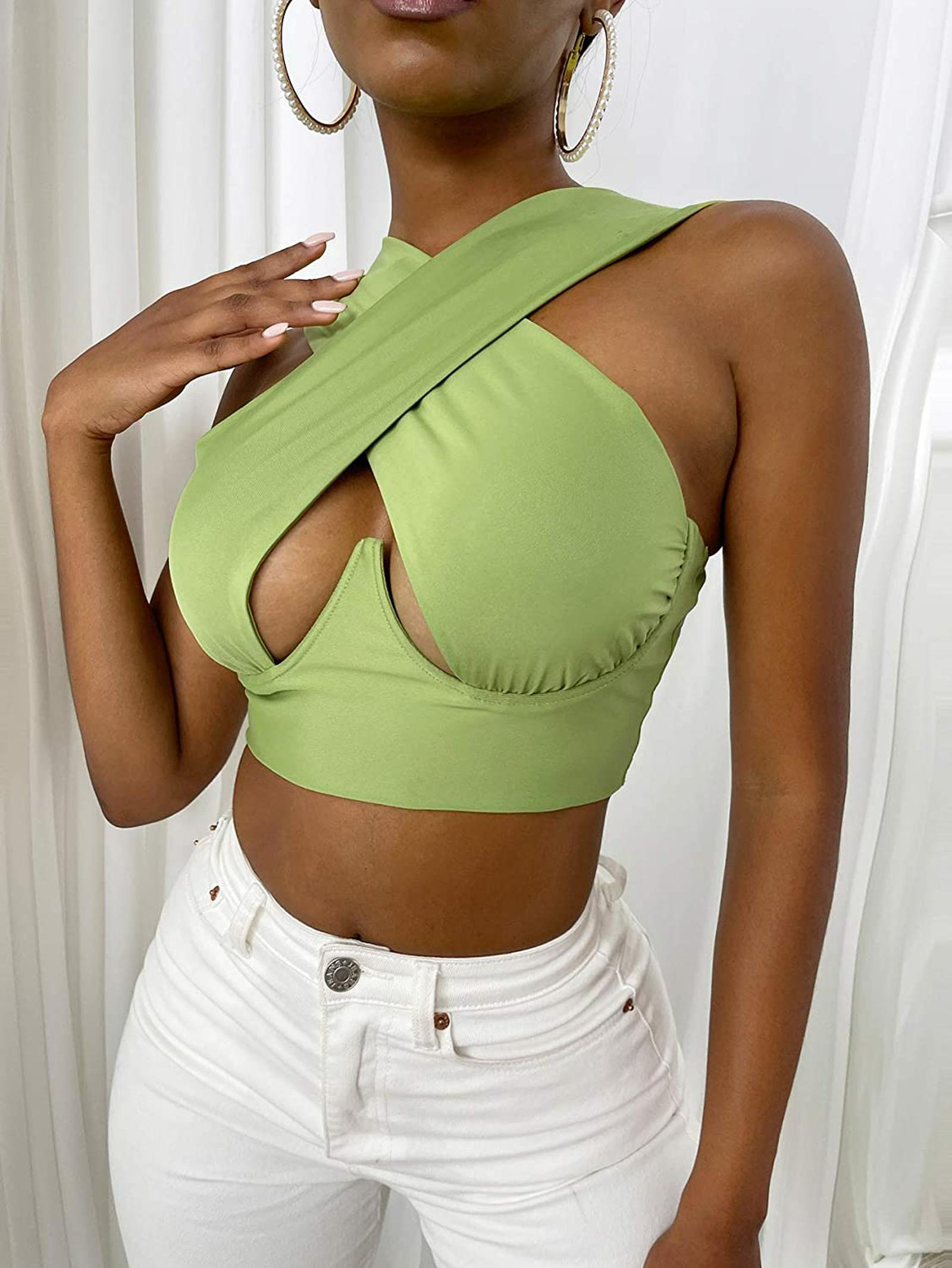 Women Criss Cross Tank Tops Sexy Sleeveless Solid Color Cutout Front Crop Tops Party Club Streetwear Lady Bustier Tops