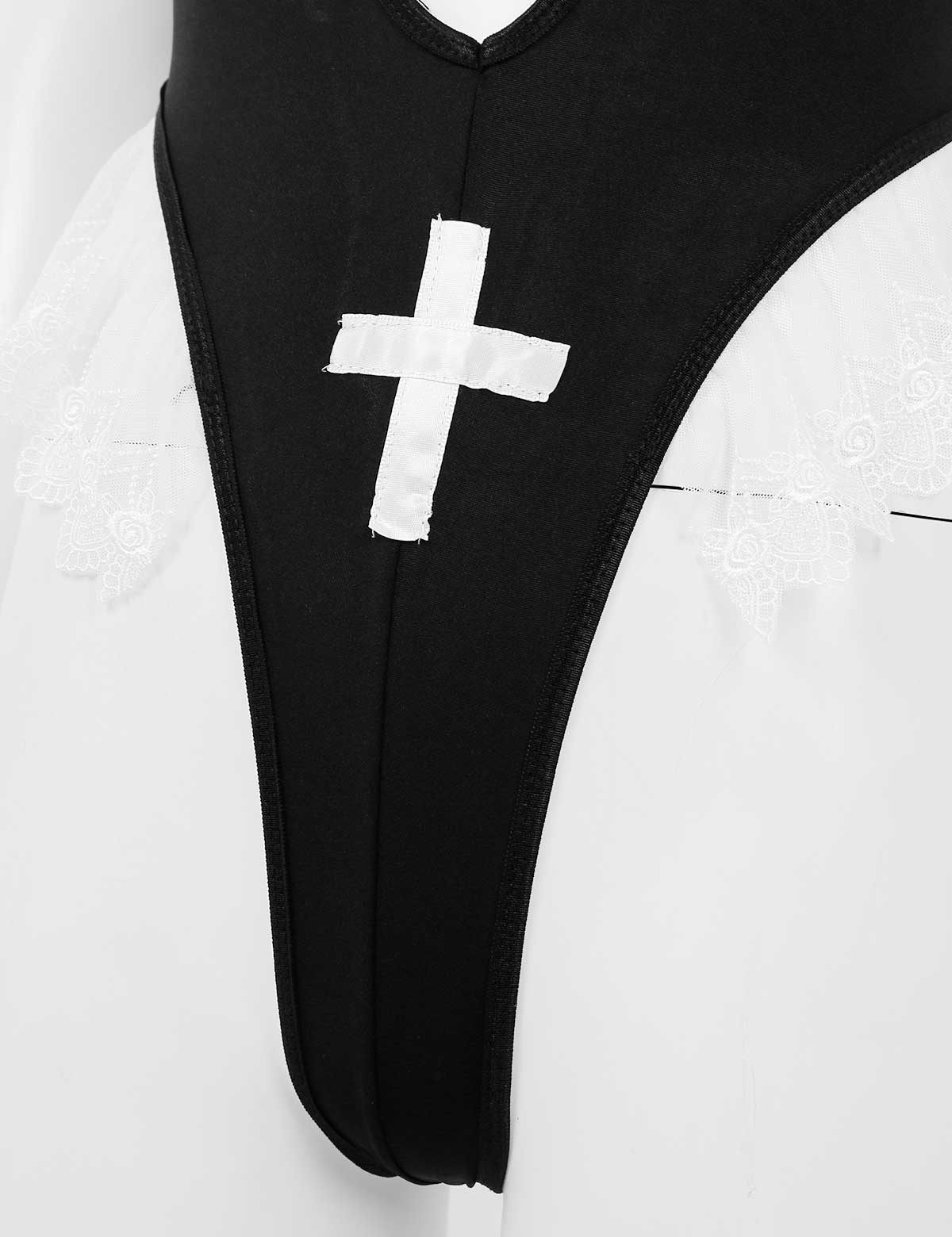 Womens Sexy Nun Cosplay Uniform Costumes Parties Clubwear Spaghetti Straps High Cut Fancy Cosplay Leotard Bodysuit + Neck Collar
