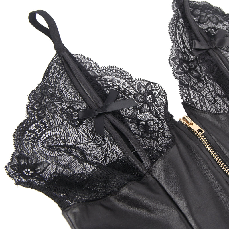 Comeondear Lingerie Sexy Women Teddies Erotic Jumpsuits Lace Leather Stitching Plus Size Bodysuit Hollow Out Rompers