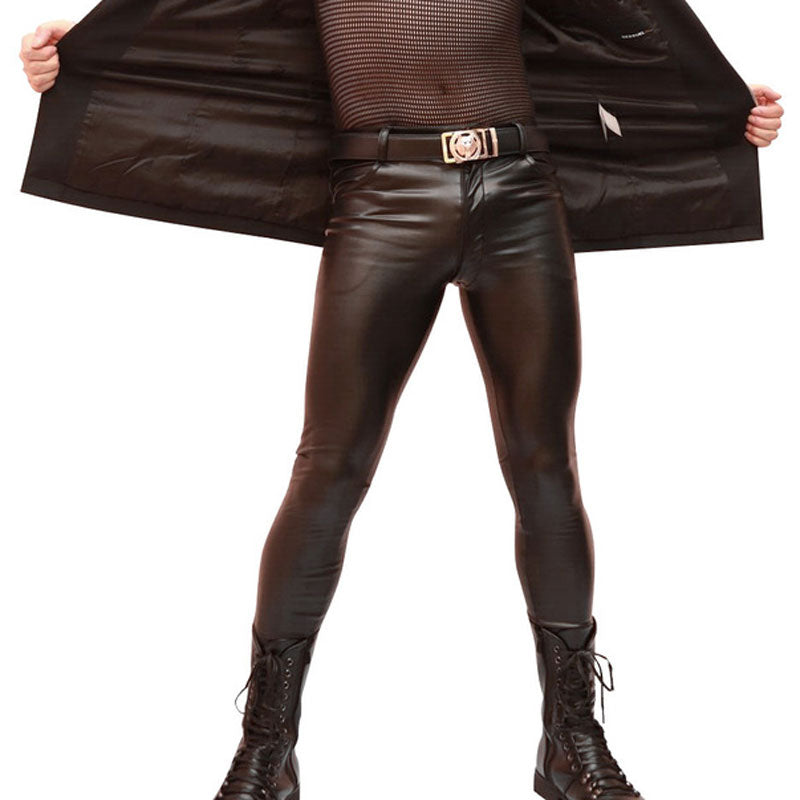 Sexy Men Faux Leather Pu Matte Shiny Fashion Pants Role Men X Soft Skinny Gay Pants Zipper Open Pencil Pants Gay Wear