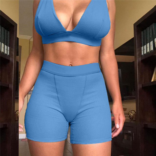 2PCS/Set Sexy Women Sleeveless Strap Bra Bustiers Tank Vest Crop Tops High Waist Shorts Pants Trousers Tracksuit
