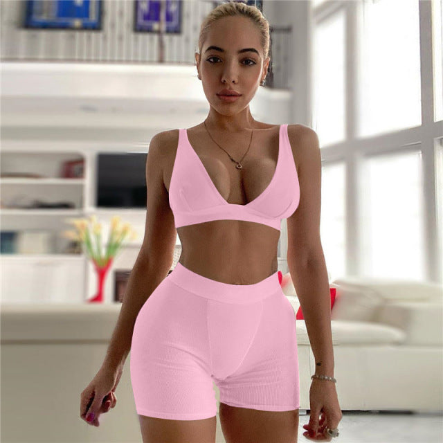 2PCS/Set Sexy Women Sleeveless Strap Bra Bustiers Tank Vest Crop Tops High Waist Shorts Pants Trousers Tracksuit
