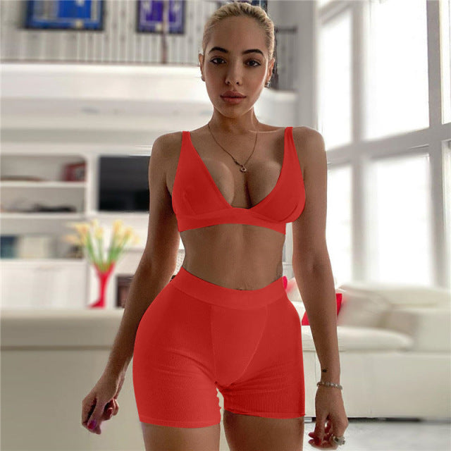 2PCS/Set Sexy Women Sleeveless Strap Bra Bustiers Tank Vest Crop Tops High Waist Shorts Pants Trousers Tracksuit