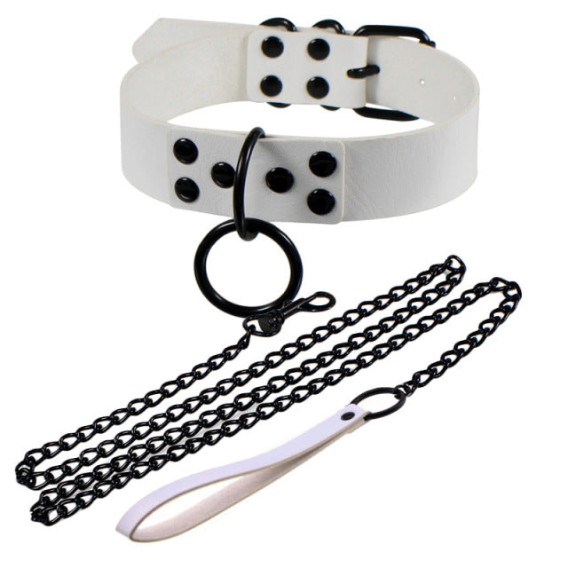 Womens Punk Gothic Leash Collar Black Accessories Sexy PU Leather Slave Collar Traction Rope BDSM Bondage Necklace