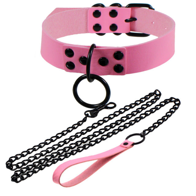 Womens Punk Gothic Leash Collar Black Accessories Sexy PU Leather Slave Collar Traction Rope BDSM Bondage Necklace