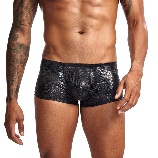 Sexy Boxer Mens Snake Skin Leather Underwear Men Shorts Men U Convex Low Waist Male Underpants Ropa Interior Hombre