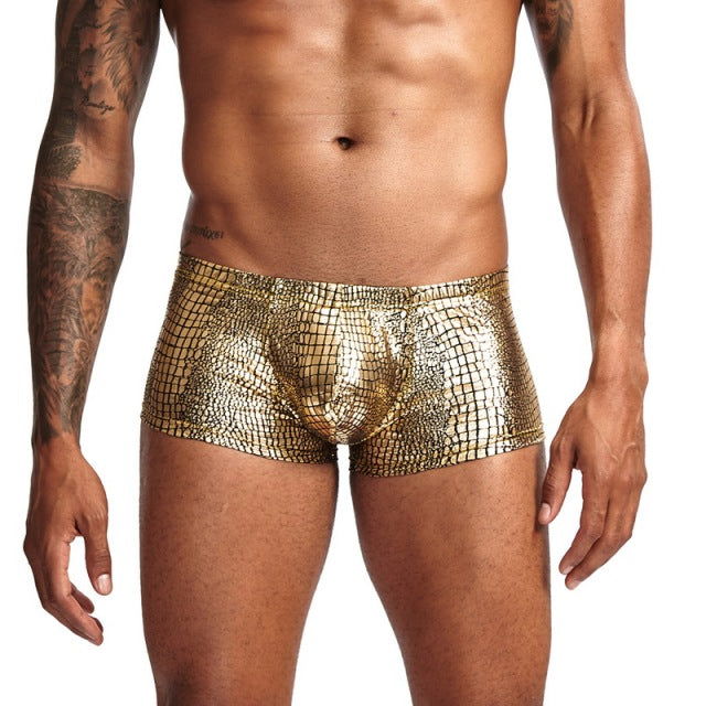 Sexy Boxer Mens Snake Skin Leather Underwear Men Shorts Men U Convex Low Waist Male Underpants Ropa Interior Hombre