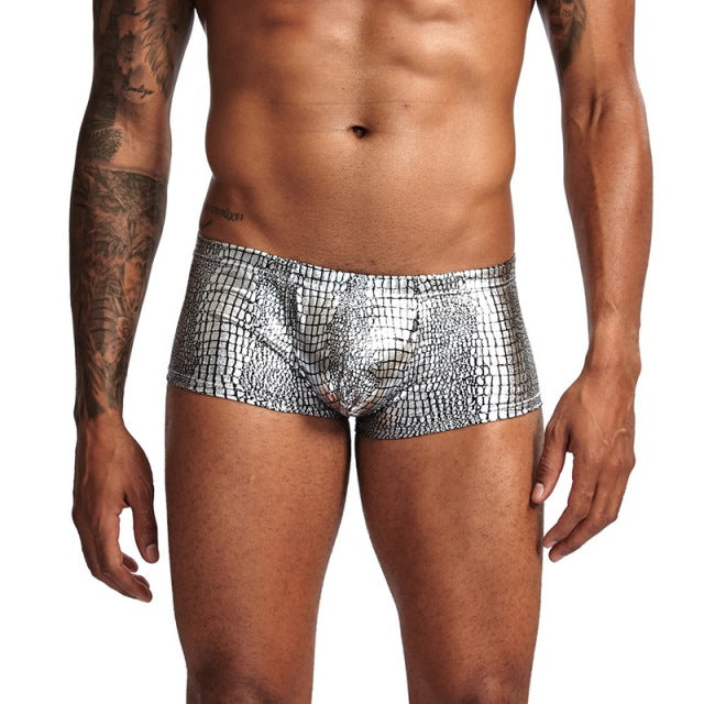 Sexy Boxer Mens Snake Skin Leather Underwear Men Shorts Men U Convex Low Waist Male Underpants Ropa Interior Hombre