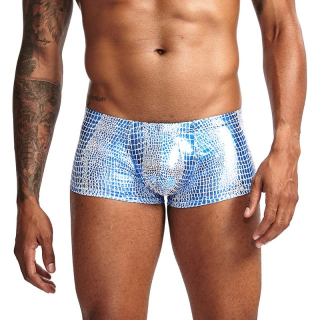 Sexy Boxer Mens Snake Skin Leather Underwear Men Shorts Men U Convex Low Waist Male Underpants Ropa Interior Hombre