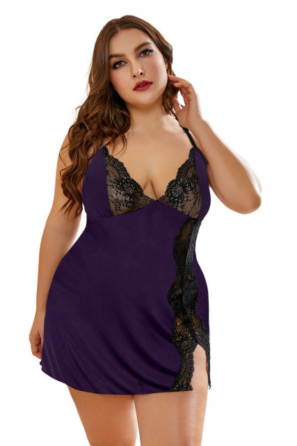 CyiExi Plus Size Female Nightgown Sets Babydoll Woman Lace Stitching Snake Print Lingerie Dress + Thong 2 Pcs Big Size Sleepwear