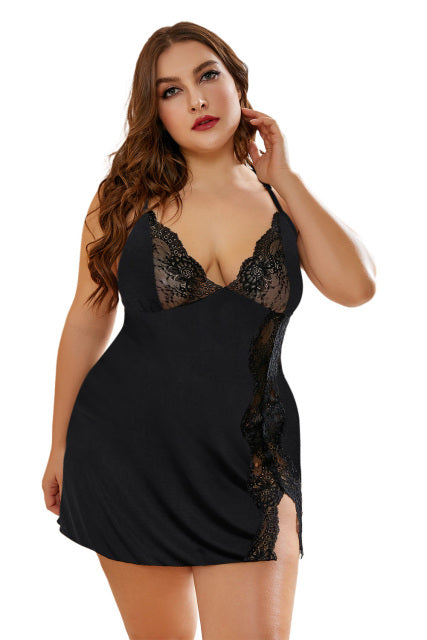 CyiExi Plus Size Female Nightgown Sets Babydoll Woman Lace Stitching Snake Print Lingerie Dress + Thong 2 Pcs Big Size Sleepwear