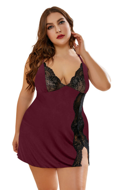 CyiExi Plus Size Female Nightgown Sets Babydoll Woman Lace Stitching Snake Print Lingerie Dress + Thong 2 Pcs Big Size Sleepwear