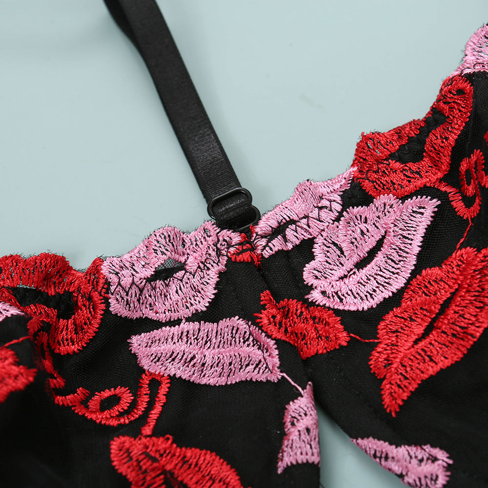 Plus Size Sexy Lingerier Women WIreless Bra Set Floral Panty Embroidery Bralette Red Lips Wholesale CT15715