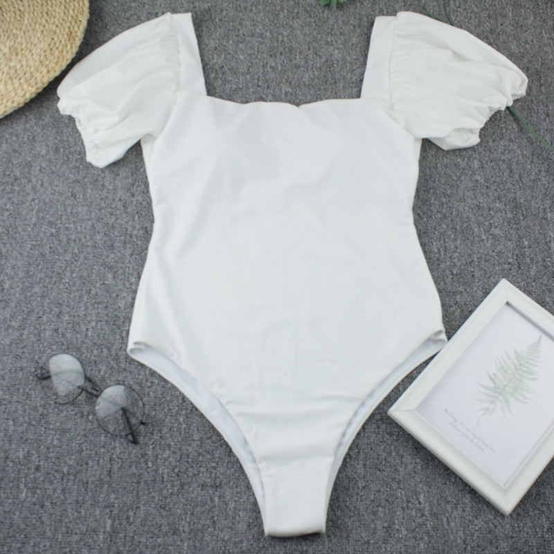 Sexy Bikini New 2 Piece Women Swimsuit Solid Color Short Puff Sleeve Summer High Waist Cut Backless Bathing Suit Beachwear